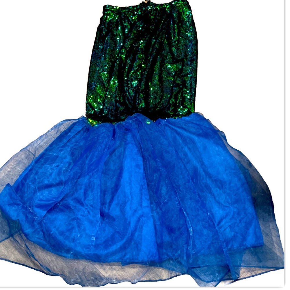 MERMAID TAIL skirt Green Blue Sequined Costume M/L Zip Sequins Puffy Tule DRESS